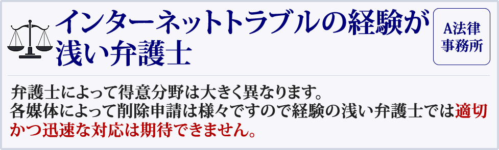 インターネットトラブルの経験が浅い弁護士（Ａ法律事務所）弁護士によって得意分野は大きく異なります。各媒体によって削除申請は様々ですので経験の浅い弁護士では適切かつ迅速な対応は期待できません。 